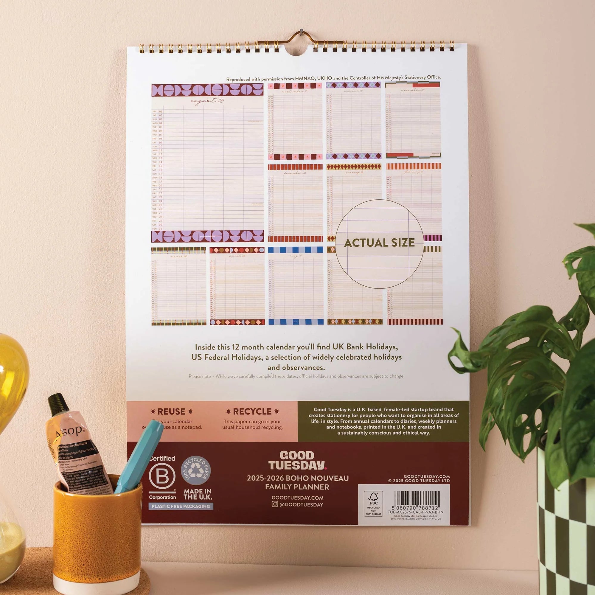 A3 Family Wall Calendar Boho Nouveau 2026