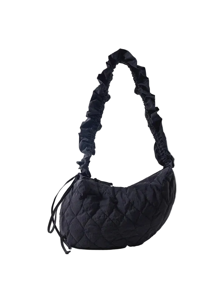 Embroidered Rose Runched Kidney Bag - Black