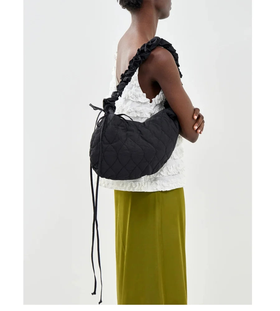Embroidered Rose Runched Kidney Bag - Black