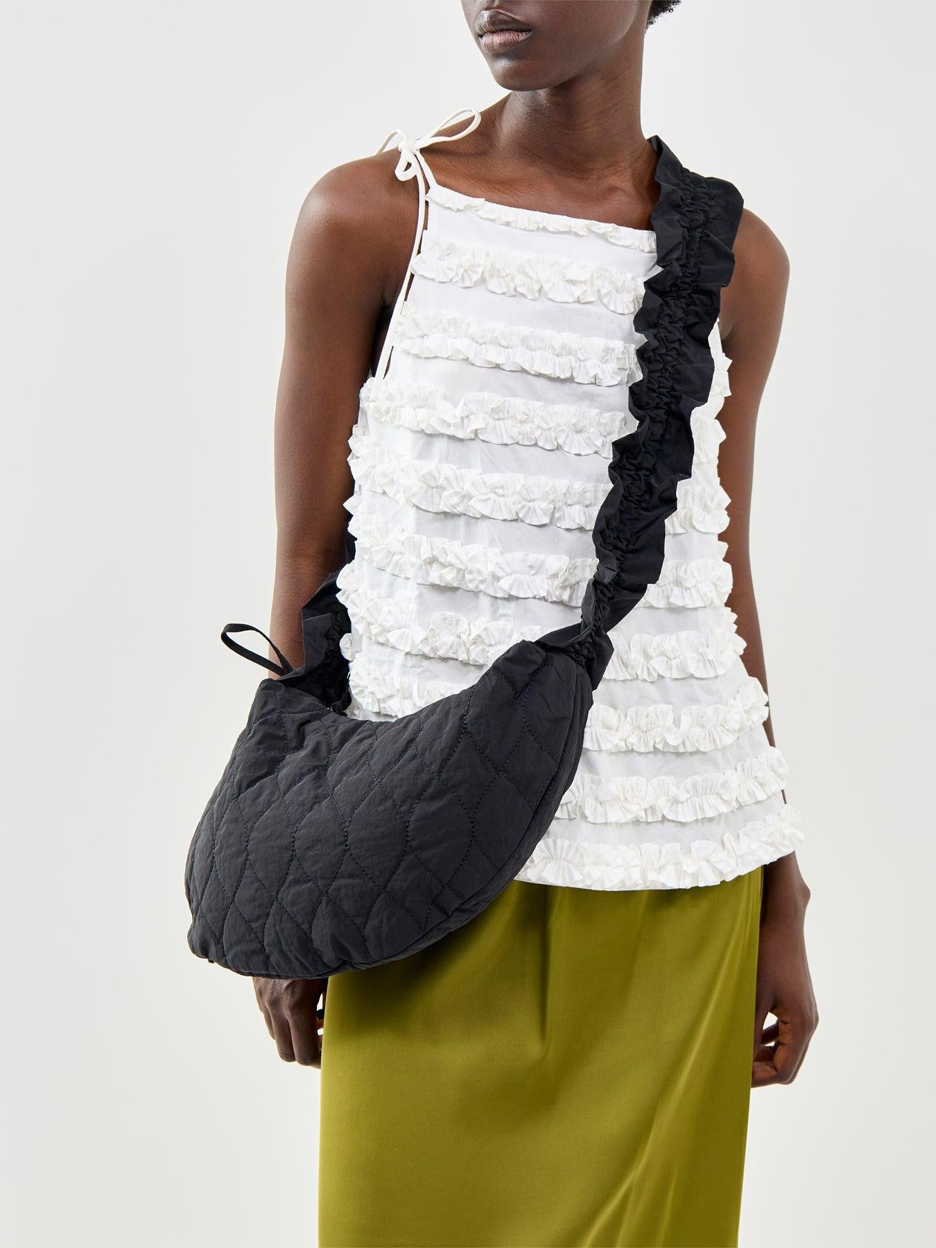 Embroidered Rose Runched Kidney Bag - Black