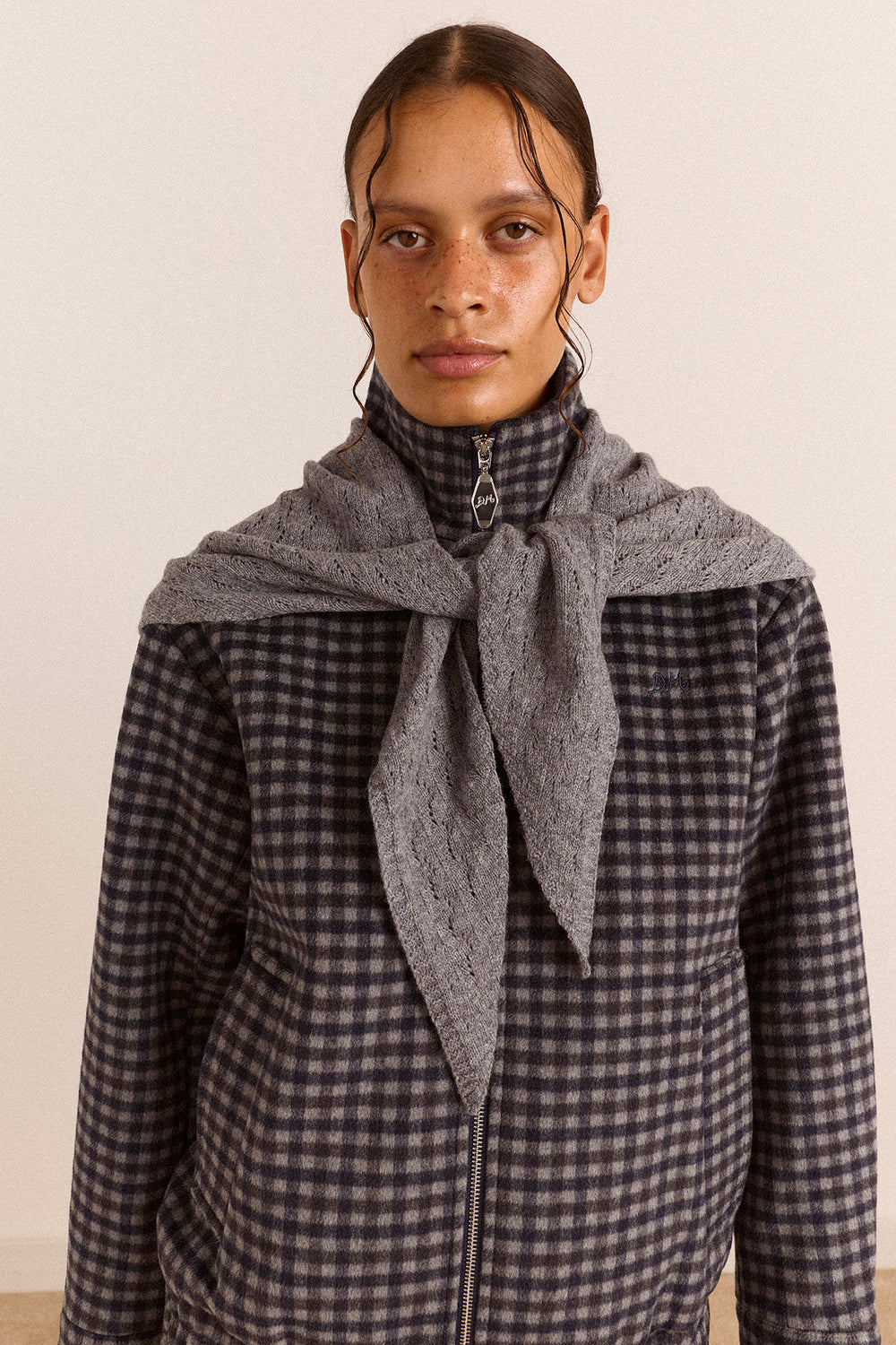 Wool Pointelle Triangle Scarf - Grey Marl