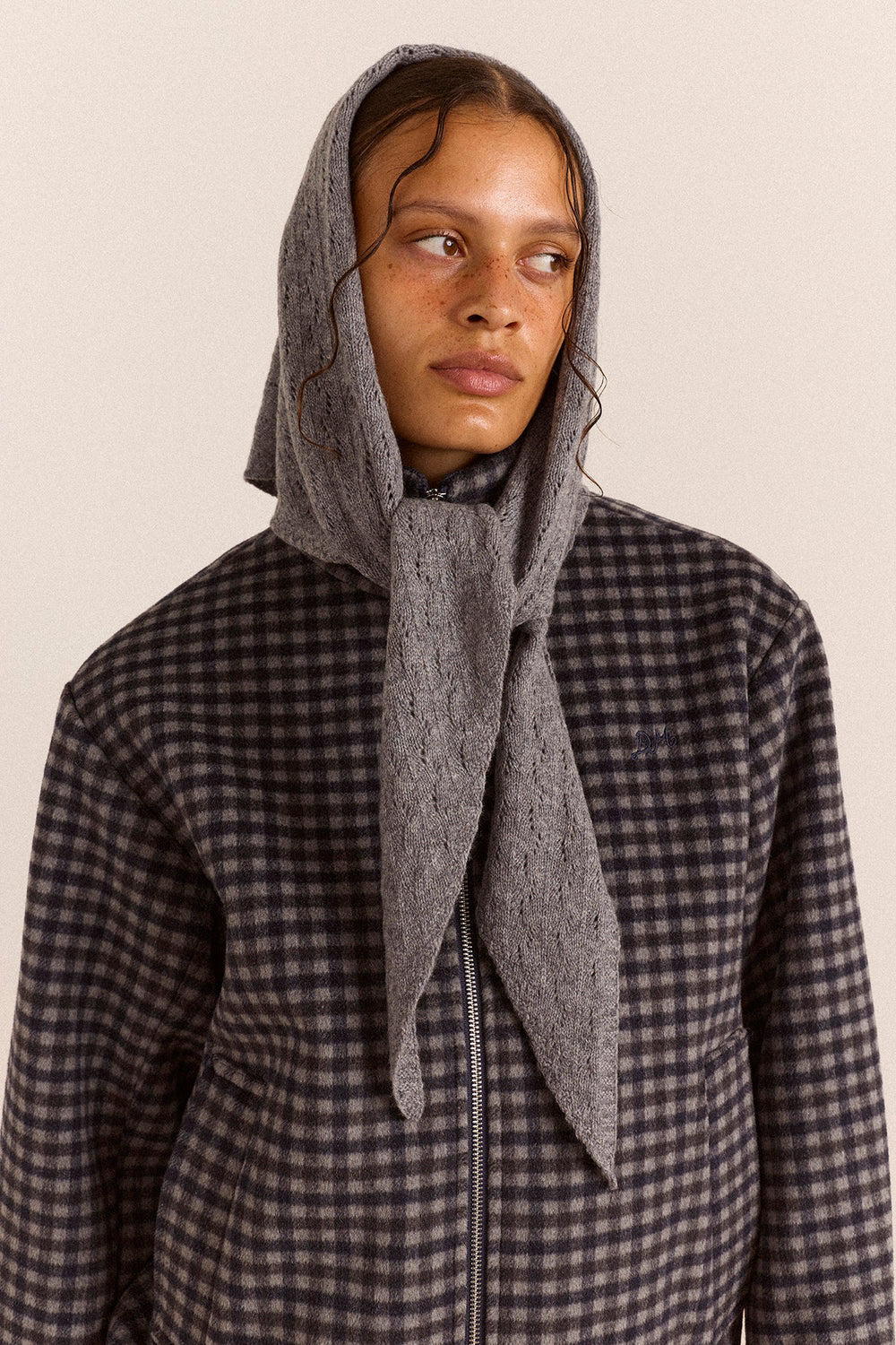 Wool Pointelle Triangle Scarf - Grey Marl