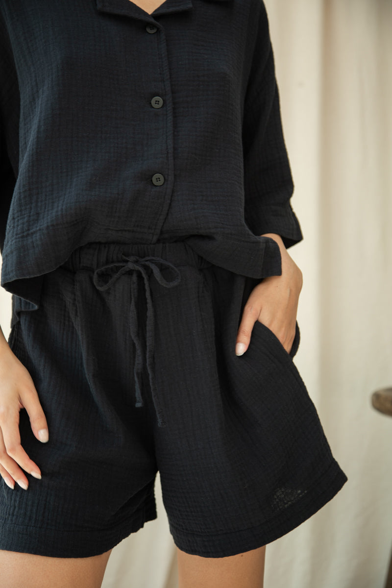 Paola Organic Cotton Cheesecloth Shorts - Black