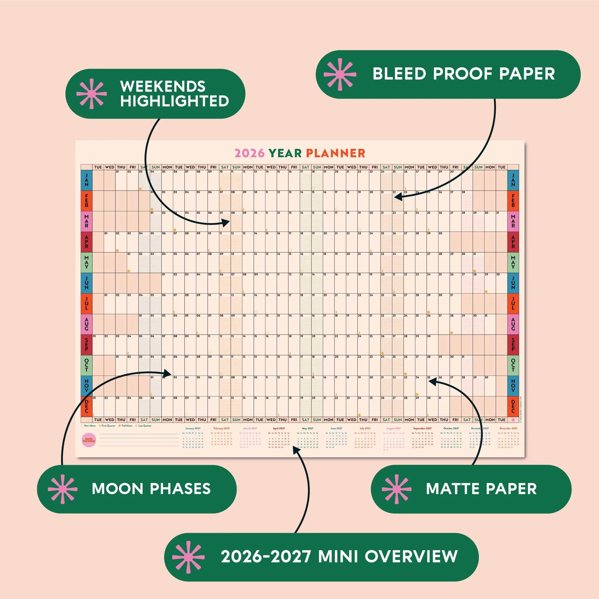 2026 A1 Year Wall Planner | Landscape | Work Hard, Play Nice