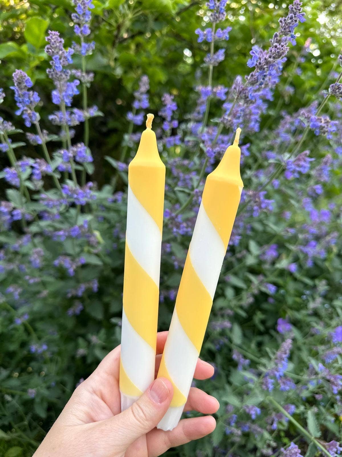 Butter Yellow & White Candy Cane Stripe Hand Dipped Candles 