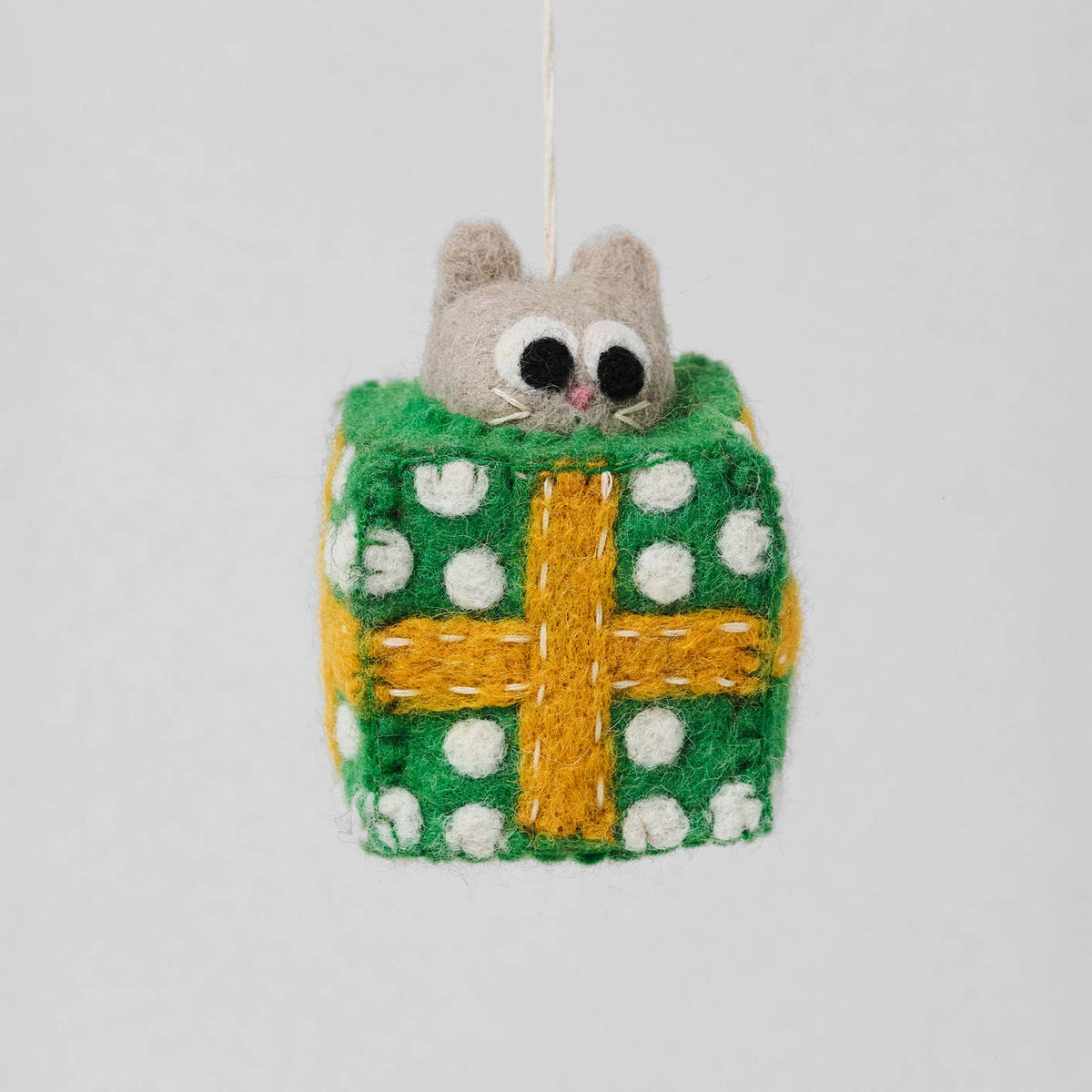 Roland Cat in Green Present Hanging Felt Ornament