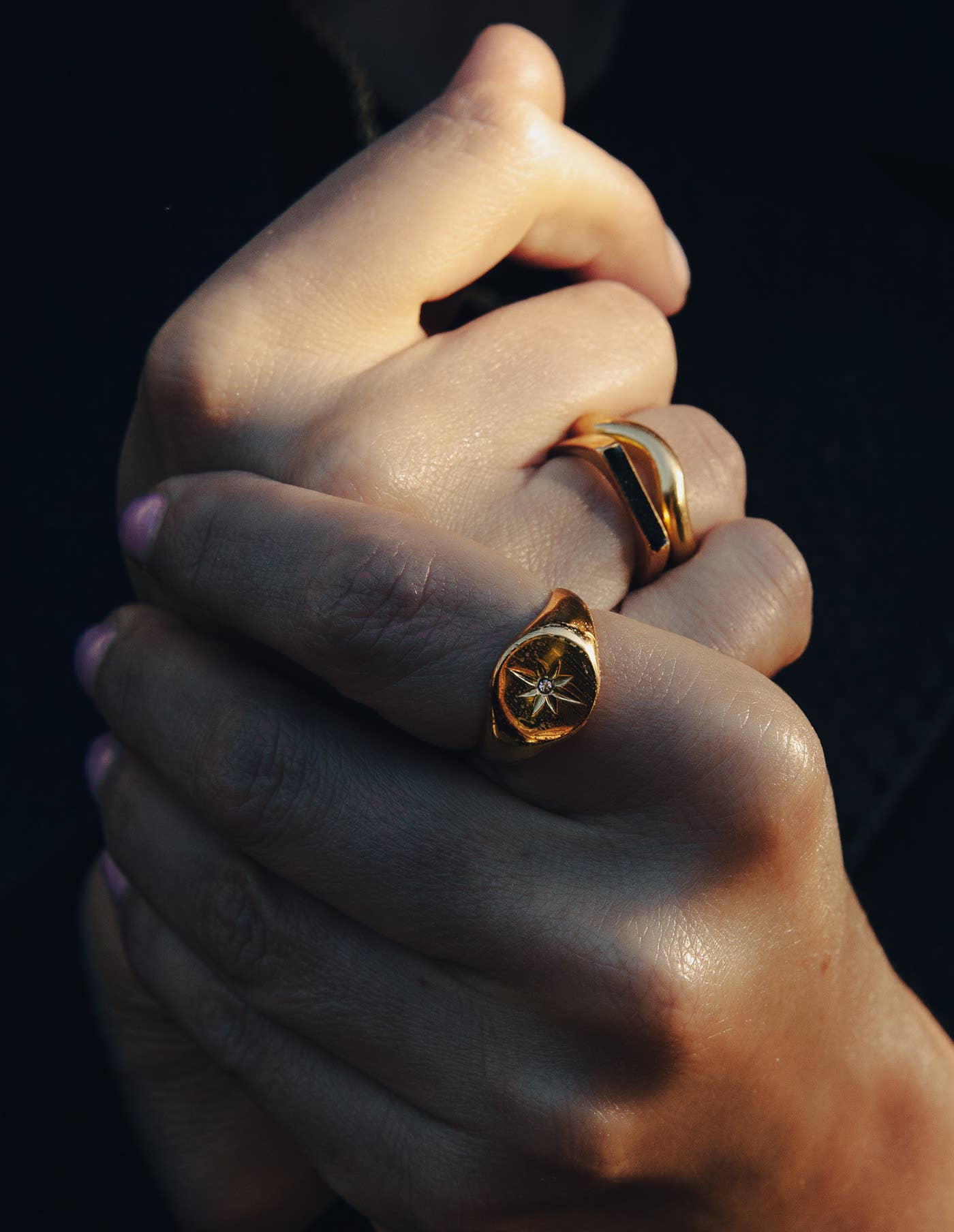 Gold Large Stone Embossed Signet Ring, Waterproof